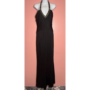 Laundry by Shelli Segal Maxi Gown Women 6 Black Beaded Halter Ruched